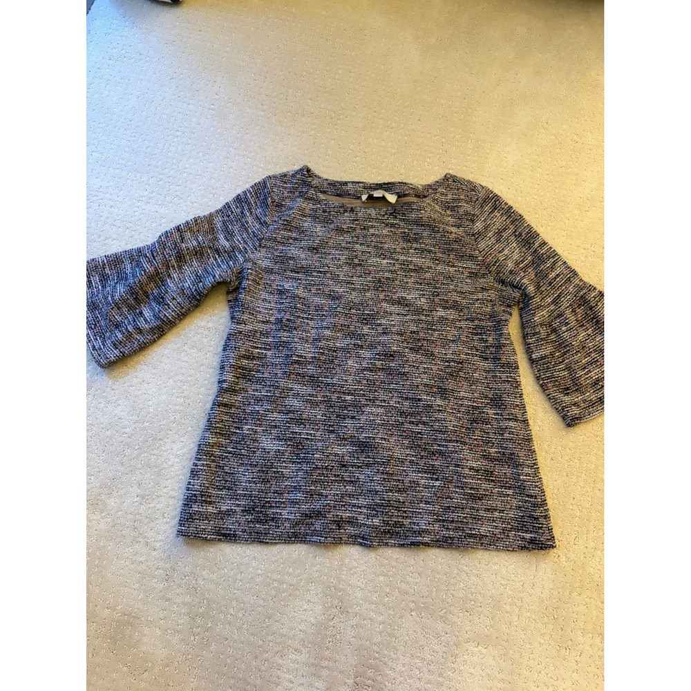 Loft Women Multi Color Tweed Knit Bell Sleeve Boat Neck Top Size Large